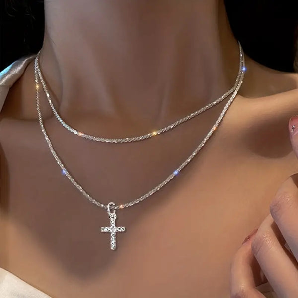 Sparkling Double Layer Cross Pendant Necklace – Women