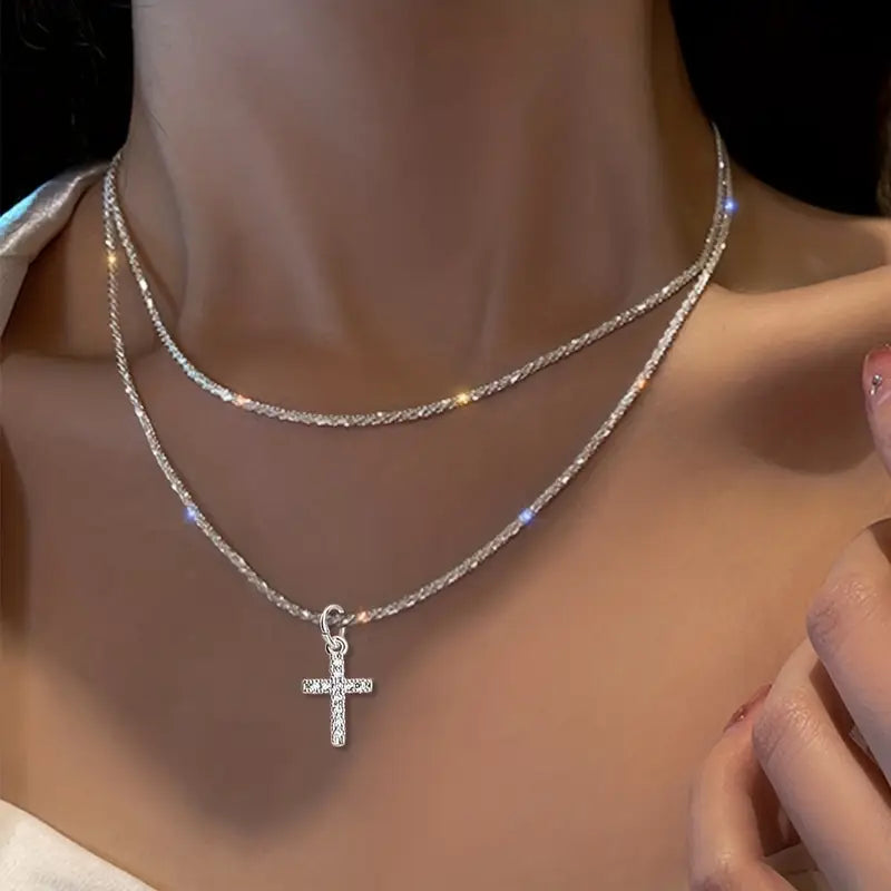 Sparkling Double Layer Cross Pendant Necklace – Women
