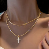 Sparkling Double Layer Cross Pendant Necklace – Women